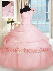 Latest One Shoulder Pink Sleeveless Organza Lace Up Sweet 16 Quinceanera Dress for Military Ball and Sweet 16 and Quinceanera