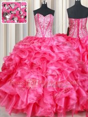 Hot Pink Organza Lace Up Sweet 16 Dress Sleeveless Floor Length Beading and Ruffles
