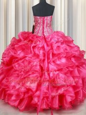 Hot Pink Organza Lace Up Sweet 16 Dress Sleeveless Floor Length Beading and Ruffles
