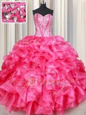 Hot Pink Organza Lace Up Sweet 16 Dress Sleeveless Floor Length Beading and Ruffles