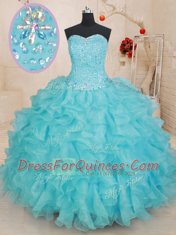 Nice Sweetheart Sleeveless 15th Birthday Dress Floor Length Beading and Ruffles Aqua Blue Organza