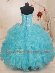 Nice Sweetheart Sleeveless 15th Birthday Dress Floor Length Beading and Ruffles Aqua Blue Organza