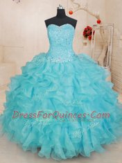 Nice Sweetheart Sleeveless 15th Birthday Dress Floor Length Beading and Ruffles Aqua Blue Organza