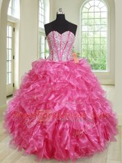 Modest Hot Pink Sweetheart Lace Up Beading and Ruffles Quinceanera Dress Sleeveless