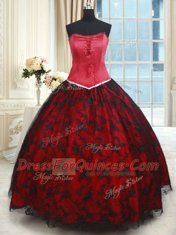 Glittering Black and Red Sleeveless Lace Lace Up Sweet 16 Quinceanera Dress for Military Ball and Sweet 16 and Quinceanera