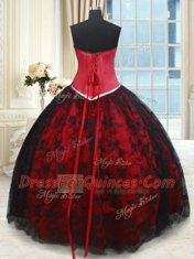 Glittering Black and Red Sleeveless Lace Lace Up Sweet 16 Quinceanera Dress for Military Ball and Sweet 16 and Quinceanera