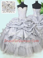 Adorable Grey Ball Gowns Beading and Sequins and Pick Ups Quince Ball Gowns Lace Up Organza and Taffeta Sleeveless Floor Length