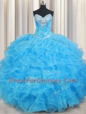 Enchanting Sweetheart Sleeveless Organza Ball Gown Prom Dress Beading and Ruffled Layers Lace Up