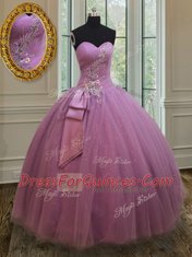 Sleeveless Tulle Floor Length Lace Up Quinceanera Gowns in Lilac with Beading and Belt