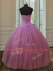 Sleeveless Tulle Floor Length Lace Up Quinceanera Gowns in Lilac with Beading and Belt