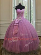 Sleeveless Tulle Floor Length Lace Up Quinceanera Gowns in Lilac with Beading and Belt