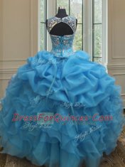See Through Baby Blue Ball Gowns Organza Scoop Sleeveless Beading and Ruffles and Pick Ups Floor Length Lace Up 15th Birthday Dress