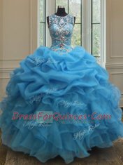 See Through Baby Blue Ball Gowns Organza Scoop Sleeveless Beading and Ruffles and Pick Ups Floor Length Lace Up 15th Birthday Dress