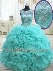 Scoop See Through Fabric with Rolling Flowers Sleeveless Lace Up Floor Length Beading Sweet 16 Quinceanera Dress