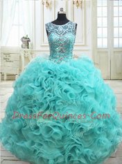 Scoop See Through Fabric with Rolling Flowers Sleeveless Lace Up Floor Length Beading Sweet 16 Quinceanera Dress