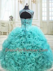 Scoop See Through Fabric with Rolling Flowers Sleeveless Lace Up Floor Length Beading Sweet 16 Quinceanera Dress