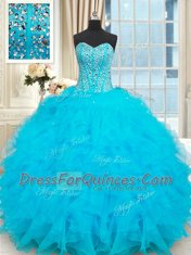 Floor Length Baby Blue Sweet 16 Dress Organza Sleeveless Beading and Ruffles