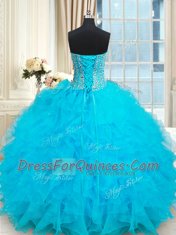 Floor Length Baby Blue Sweet 16 Dress Organza Sleeveless Beading and Ruffles