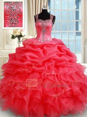 Straps Coral Red Zipper Sweet 16 Quinceanera Dress Beading and Ruffles and Pick Ups Sleeveless Floor Length