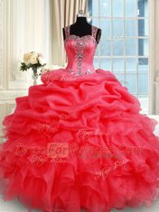 Straps Coral Red Zipper Sweet 16 Quinceanera Dress Beading and Ruffles and Pick Ups Sleeveless Floor Length