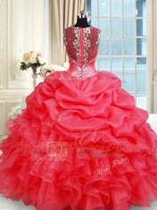 Straps Coral Red Zipper Sweet 16 Quinceanera Dress Beading and Ruffles and Pick Ups Sleeveless Floor Length