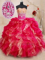 Sweetheart Sleeveless 15th Birthday Dress Floor Length Beading and Ruffles Red Organza