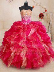 Sweetheart Sleeveless 15th Birthday Dress Floor Length Beading and Ruffles Red Organza