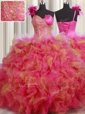 Organza and Tulle One Shoulder Sleeveless Lace Up Beading and Ruffles and Hand Made Flower Sweet 16 Dress in Multi-color