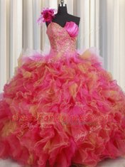 Organza and Tulle One Shoulder Sleeveless Lace Up Beading and Ruffles and Hand Made Flower Sweet 16 Dress in Multi-color