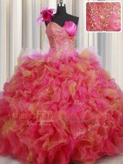 Organza and Tulle One Shoulder Sleeveless Lace Up Beading and Ruffles and Hand Made Flower Sweet 16 Dress in Multi-color