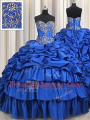 Flare With Train Lace Up Sweet 16 Dresses Royal Blue for Military Ball and Sweet 16 and Quinceanera with Beading and Ruffled Layers and Pick Ups Brush Train