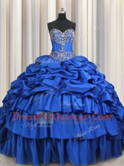 Flare With Train Lace Up Sweet 16 Dresses Royal Blue for Military Ball and Sweet 16 and Quinceanera with Beading and Ruffled Layers and Pick Ups Brush Train