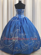 Sweet Royal Blue Lace Up Strapless Beading and Embroidery Quince Ball Gowns Satin Sleeveless