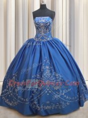 Sweet Royal Blue Lace Up Strapless Beading and Embroidery Quince Ball Gowns Satin Sleeveless