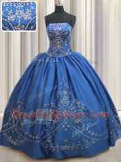 Sweet Royal Blue Lace Up Strapless Beading and Embroidery Quince Ball Gowns Satin Sleeveless
