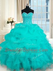 Romantic Organza Sleeveless Floor Length 15 Quinceanera Dress and Beading and Ruffles and Pick Ups