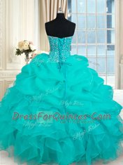 Romantic Organza Sleeveless Floor Length 15 Quinceanera Dress and Beading and Ruffles and Pick Ups