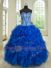 Sleeveless Floor Length Beading and Ruffles Lace Up Ball Gown Prom Dress with Royal Blue