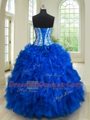Sleeveless Floor Length Beading and Ruffles Lace Up Ball Gown Prom Dress with Royal Blue