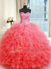 Coral Red Organza Lace Up Sweetheart Sleeveless Floor Length Quinceanera Dresses Beading and Ruffles