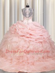 Pink Straps Zipper Beading and Ruffles and Pick Ups Ball Gown Prom Dress Brush Train Sleeveless