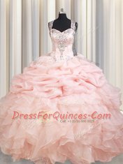 Pink Straps Zipper Beading and Ruffles and Pick Ups Ball Gown Prom Dress Brush Train Sleeveless