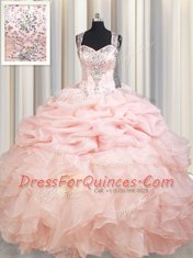 Pink Straps Zipper Beading and Ruffles and Pick Ups Ball Gown Prom Dress Brush Train Sleeveless