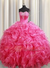 Sleeveless Brush Train Lace Up With Train Beading and Ruffles Ball Gown Prom Dress