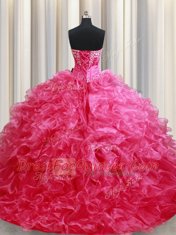 Sleeveless Brush Train Lace Up With Train Beading and Ruffles Ball Gown Prom Dress