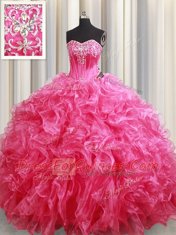 Sleeveless Brush Train Lace Up With Train Beading and Ruffles Ball Gown Prom Dress