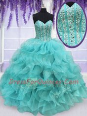 Floor Length Aqua Blue 15 Quinceanera Dress Organza Sleeveless Beading and Ruffles