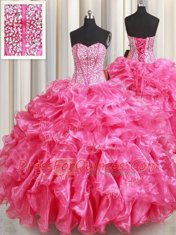 Gorgeous Sleeveless Organza Floor Length Lace Up Quinceanera Gown in Hot Pink with Beading and Ruffles