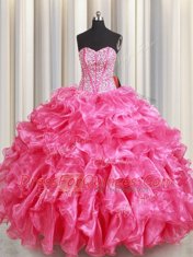 Gorgeous Sleeveless Organza Floor Length Lace Up Quinceanera Gown in Hot Pink with Beading and Ruffles