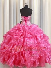 Gorgeous Sleeveless Organza Floor Length Lace Up Quinceanera Gown in Hot Pink with Beading and Ruffles